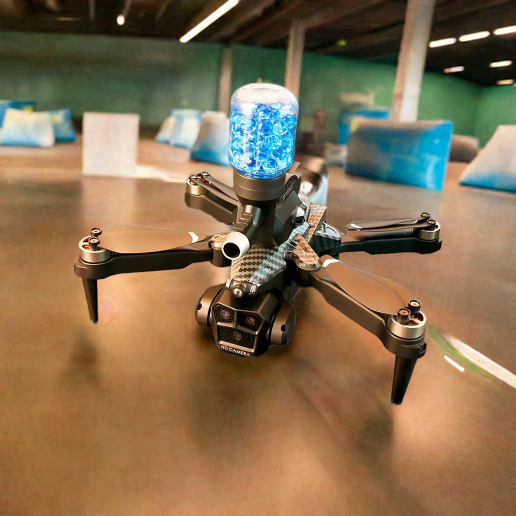 Quadcopter drone with blue light in indoor arena