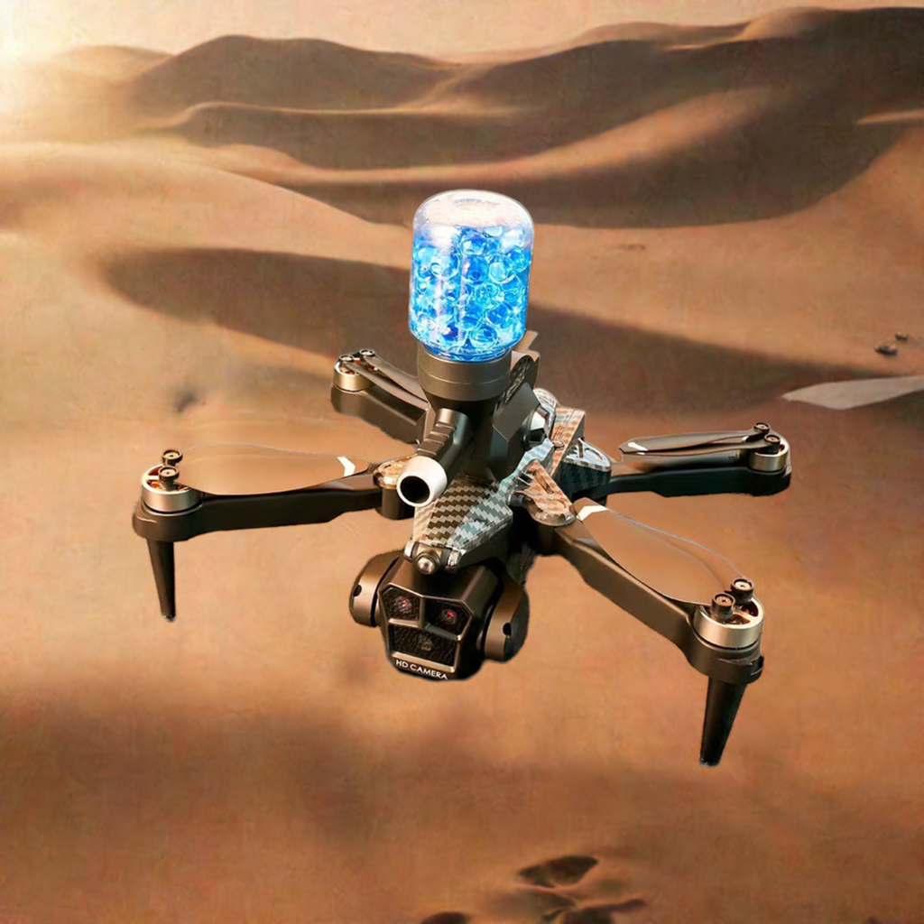 Drone with a blue light hovering over desert landscape.