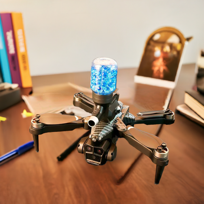 Futuristic drone with blue lights on a wooden desk with books and a tablet