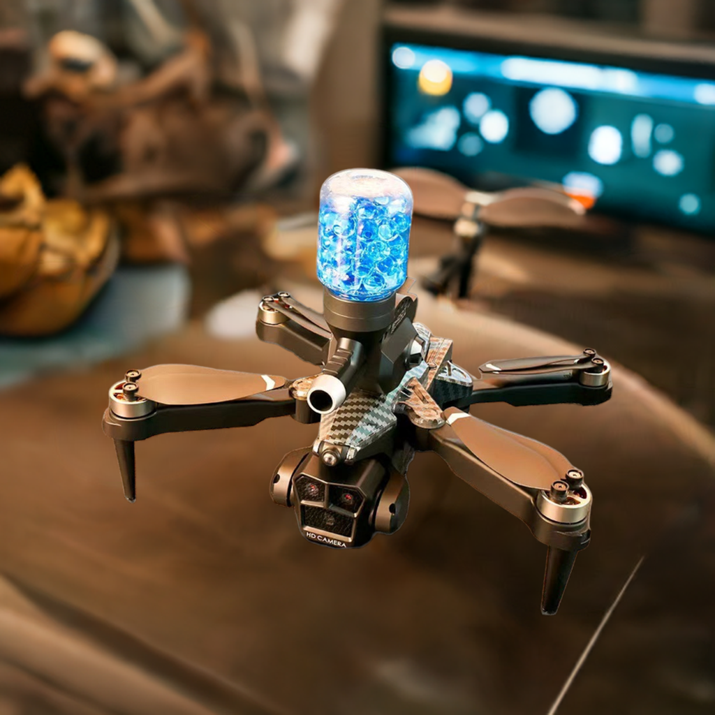 A drone with glowing blue light on a desk indoors.